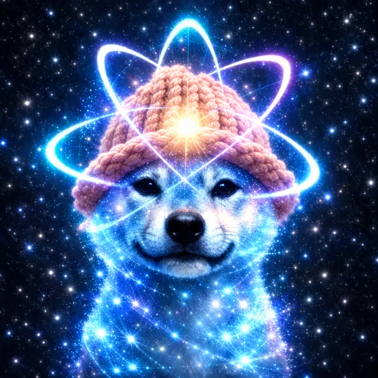 Glowing cosmic Shiba Inu wearing a pink knitted hat with luminous atomic rings