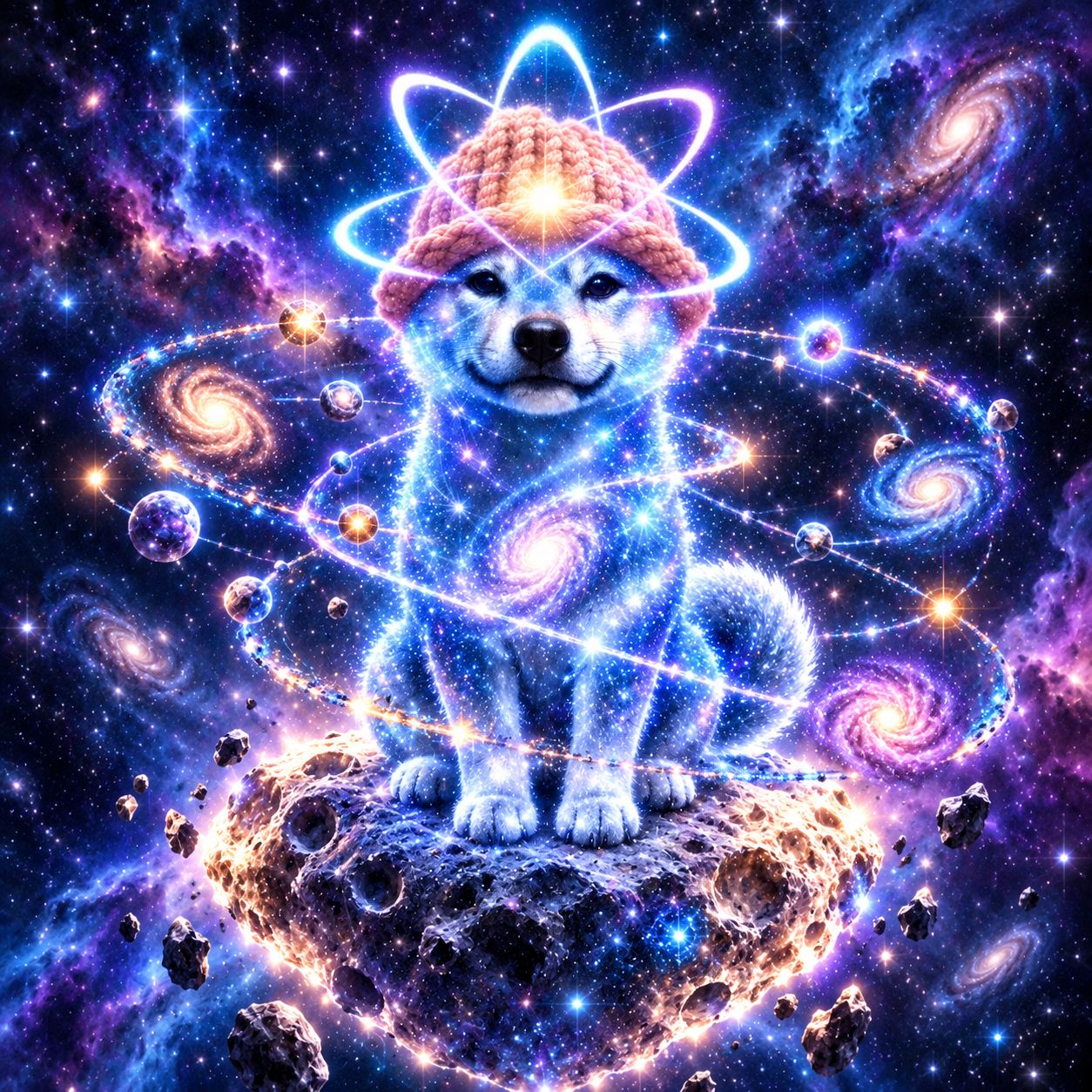 Full-body cosmic Shiba Inu standing on a meteor surrounded by galaxies