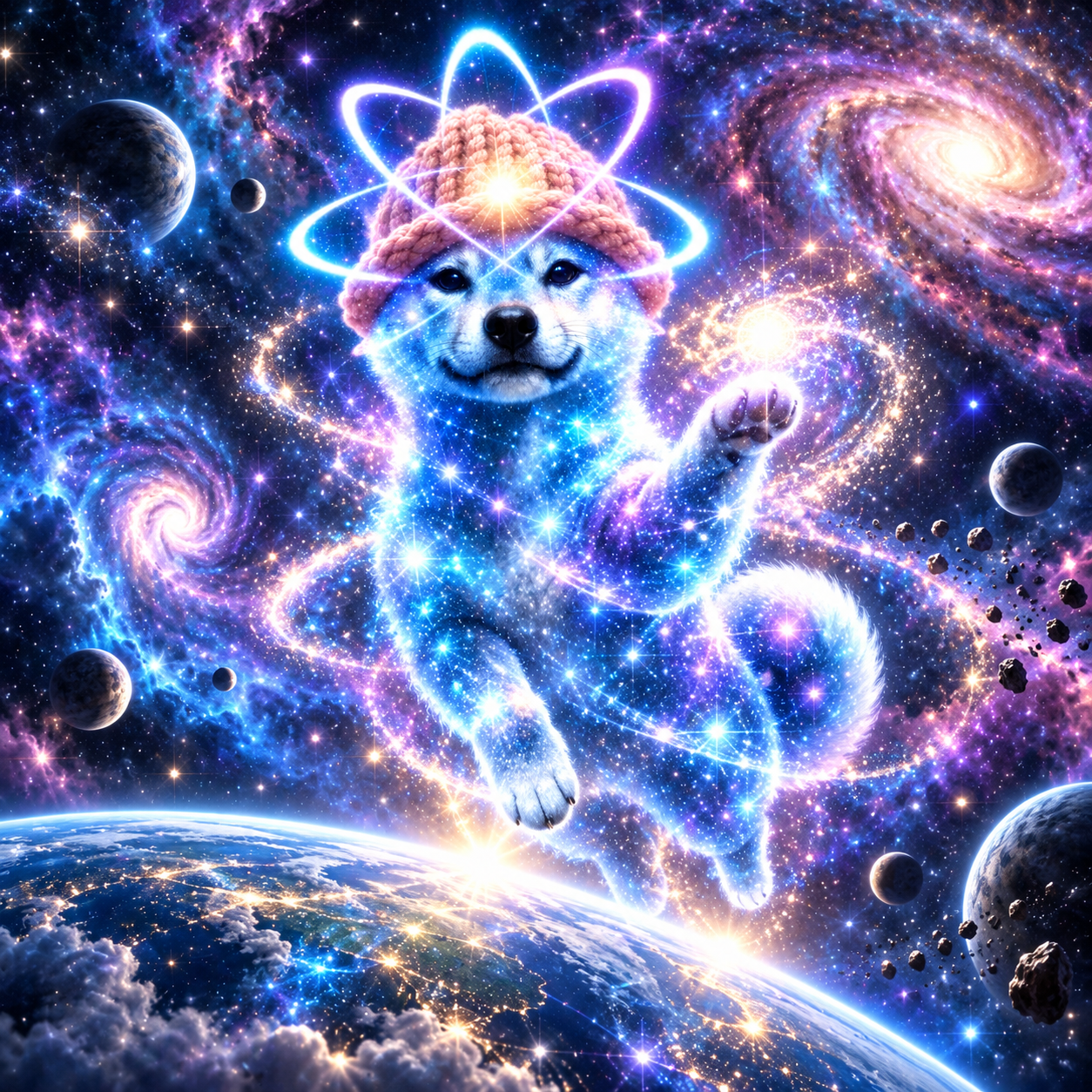 Cosmic Shiba leaping through space above a planet